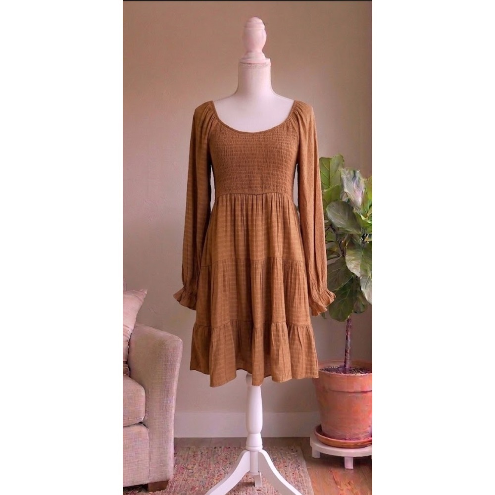 Andree‎ by Unit Mini dress Women L Brown Smocked Tiered Cottagecore peasant fall